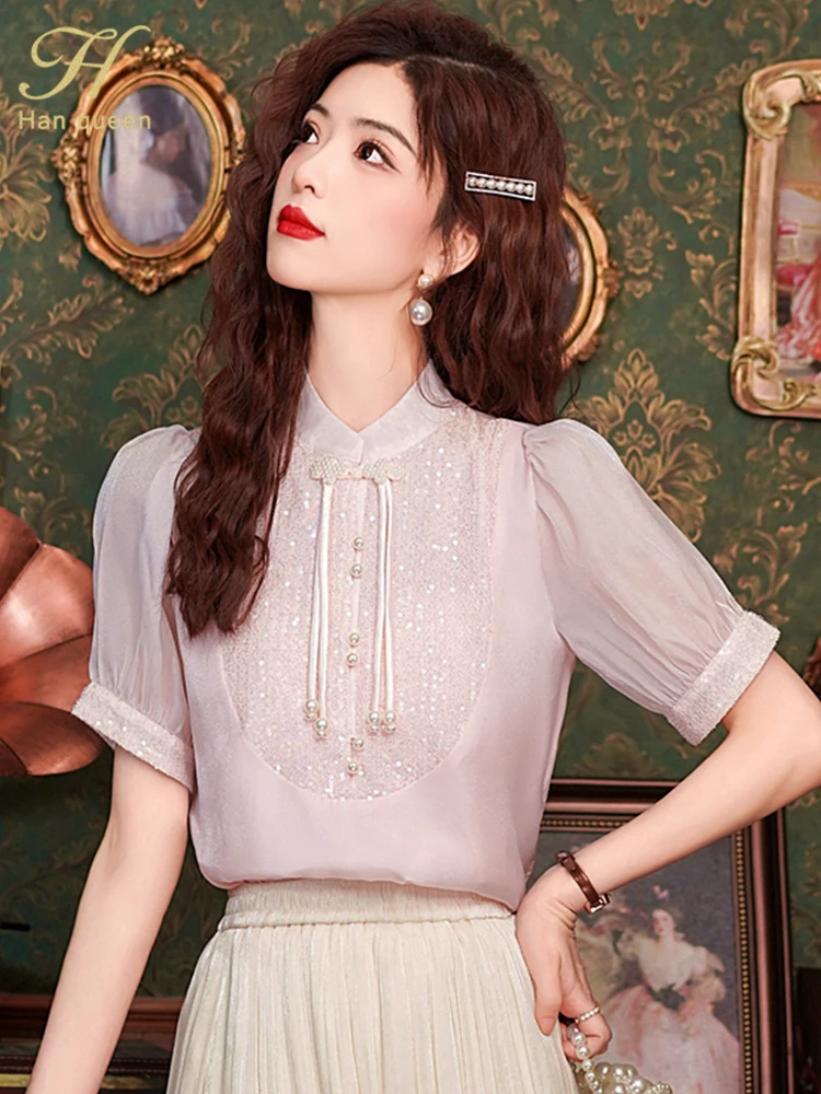 H Han Queen Summer Beaded Sequins Tops Simple Office Lady Chiffon Blouse Short Sleeve Shirt Casual Korean OL Loose Blouses Women