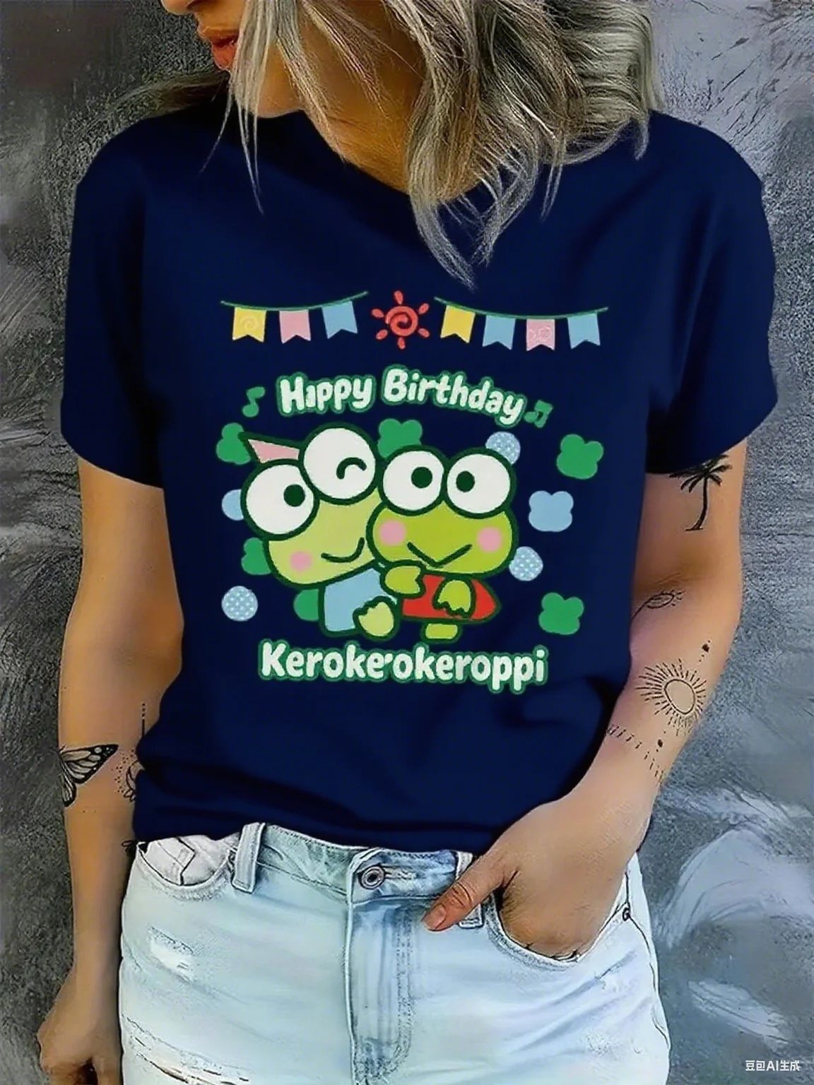 تي شيرت قطني مع جرافيك سانريو كيروبي للاحتفال بعيد الميلاد كيروبي الضفادع والأعلام نمط تصميم ممتع احتفالي من القطن الخالص #6