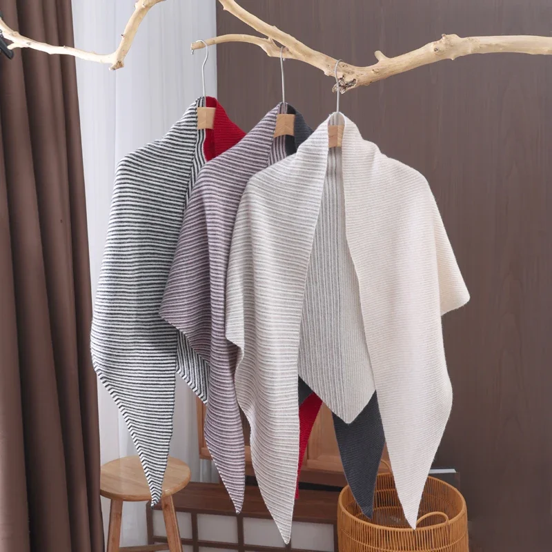 

100% кашемировая вязаная лоскутная шаль для женщин, осенне-зимний полосатый треугольный шарф, однотонный шерстяной внешний плащ для рукоделия