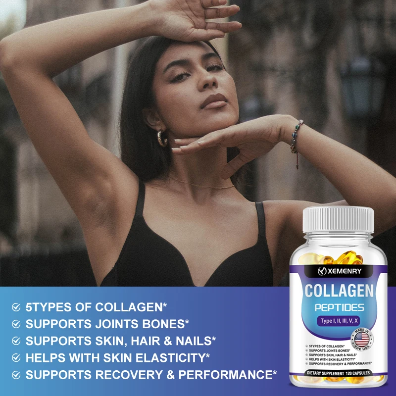 Collagène Peptides Types I, II, III, V, X - 120 Gélules, 1800mg Dose, Anti-âge, Cheveux, Peau, Ongles, Os - Marque Xemenry, Neuf