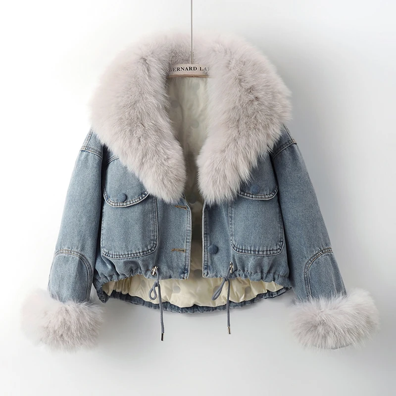 

Winter Big Fox Fur Collar Down Cotton Liner Denim Jacket Women Short Cowboy Outwear Vintage Blue Big Pocket Jeans Jacket Female