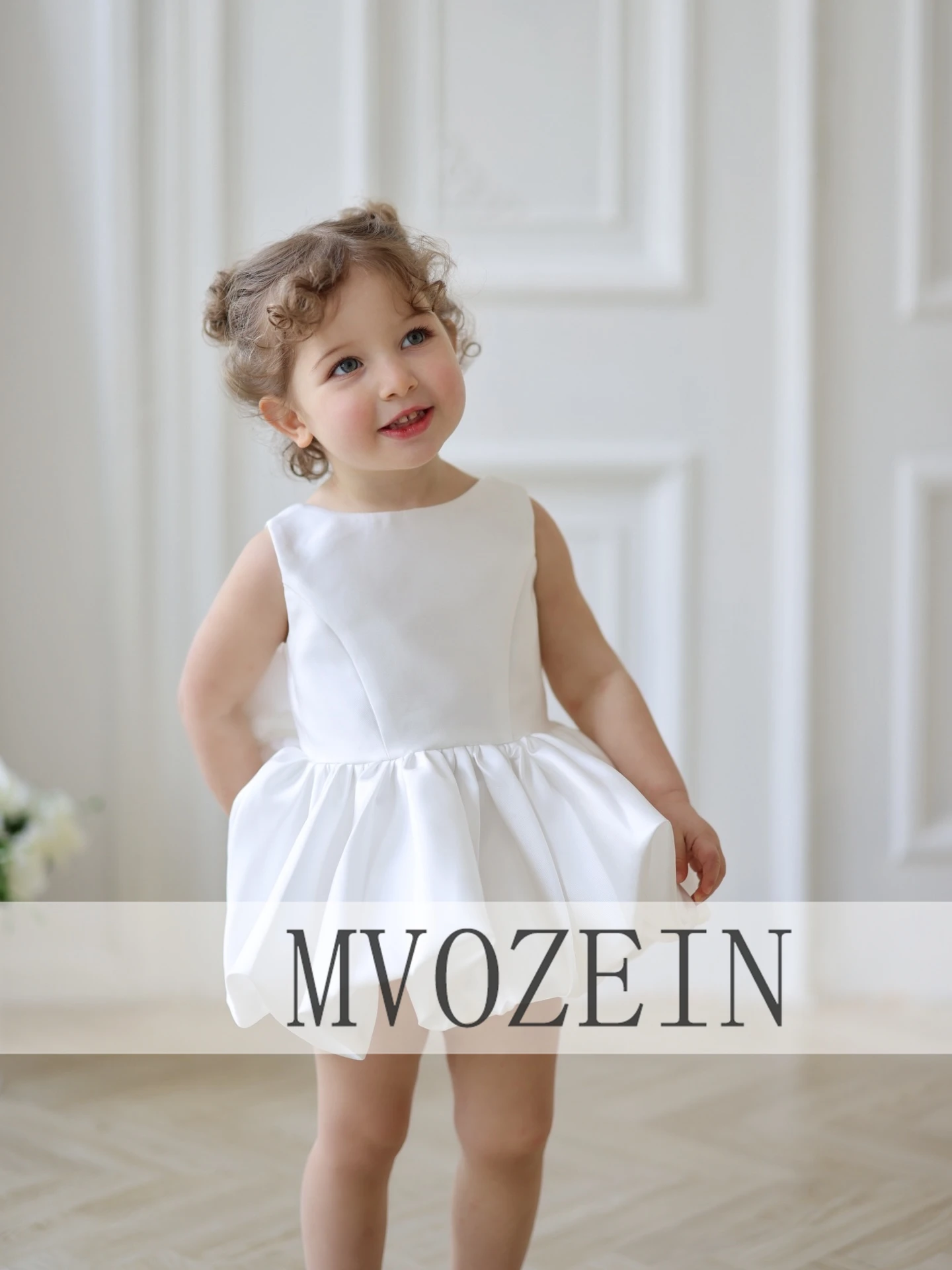 MVozein White Satin Flower Girl Dress Elegant Kids' Dresses Cute Girl Dresses for Wedding Party