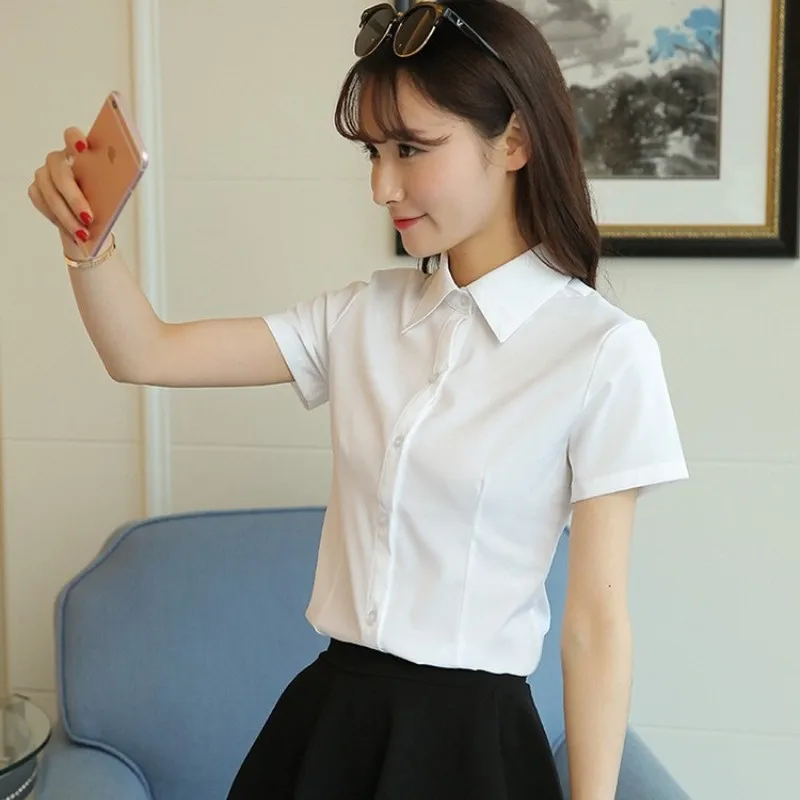 Korean Fashion White Shirt Women Autumn Short Sleeve Blouse Slim Office Lady Tops Women\'s Shirt S-5XL Student Shirt Women\'s Wear