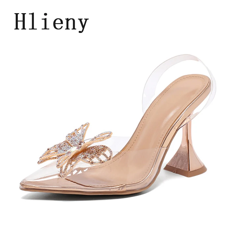 

Hlieny Spring PVC Transparent Butterfly-knot Crystal Designer Pumps Women Sandals High Heels Sexy Pointed Toe Party Prom Shoes