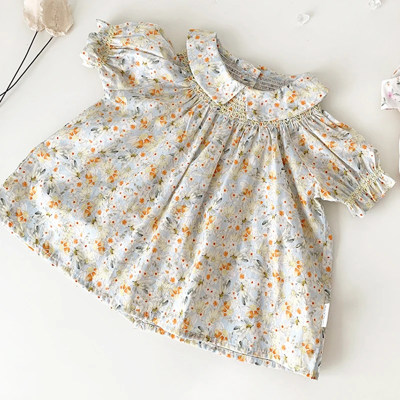 2024 Baby Girls Shirt Floral Princess Blouse Summer Handmade Short Sleeve Flowers Girls Blouse Sweet Vestidos Kids Girl Shirt