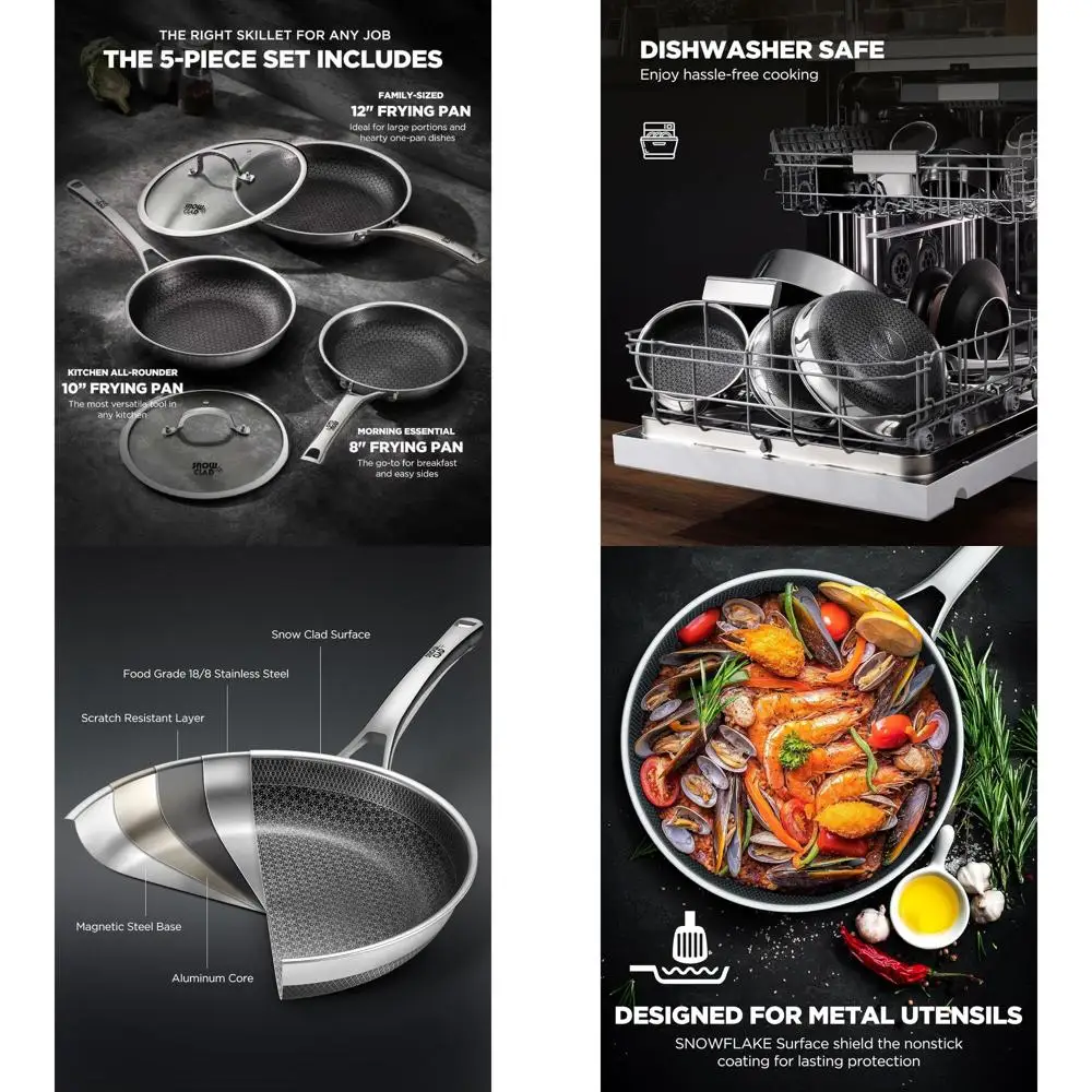 

Non Stick rying Pans, 8+10+12 inch with 2 Lid, Hybrid rying Pans Set Nonstick,non stick Skillets StainlSteel, Dishwasher & Oven-