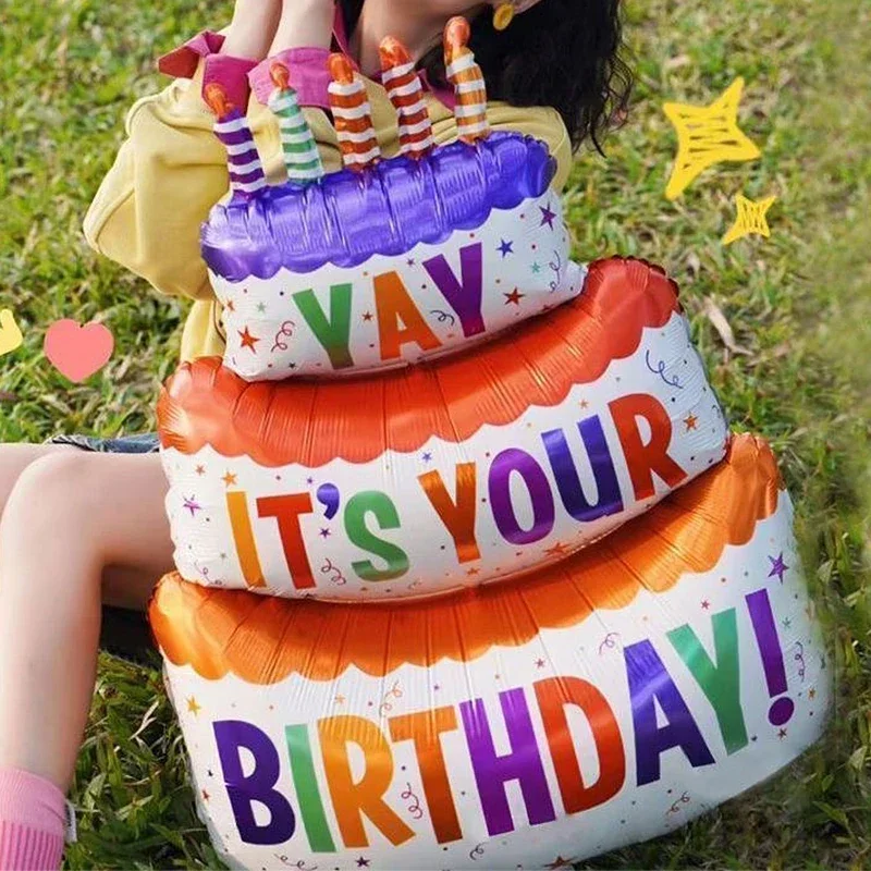 Large 3-Layer Birthday Cake Balloons Color Candles Cakes Foil Balloon Bear Cake Balloon For Baby Shower Party Decoration Globos