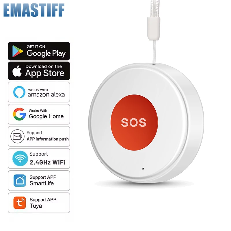 2.4G WiFi Emergency Call Button SOS Caregiver Pager Phone Alert Emergency Call Button for Elderly Patient Work with Tuya Smart