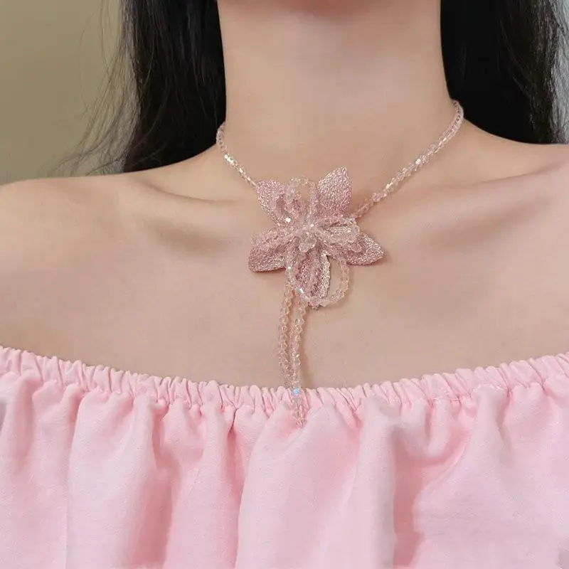 Pink Crystal Flower Necklace Long Lasting Shine Handmade Beaded Choker Tarnish Free for Women Dinner Party Accessory