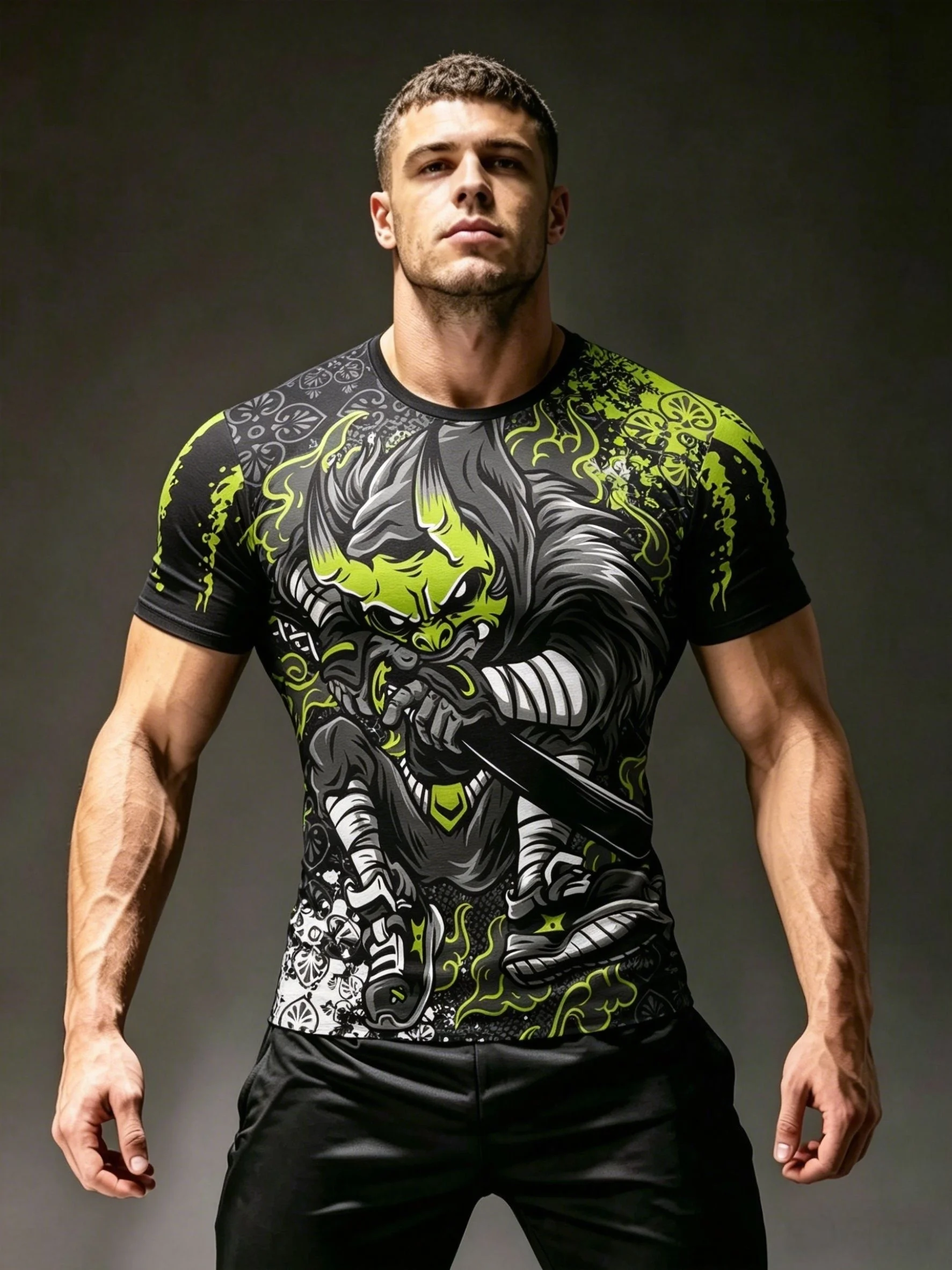2026 selling men's sports short sleeved quick drying warrior monster pattern printed breathable slim training top for comfort