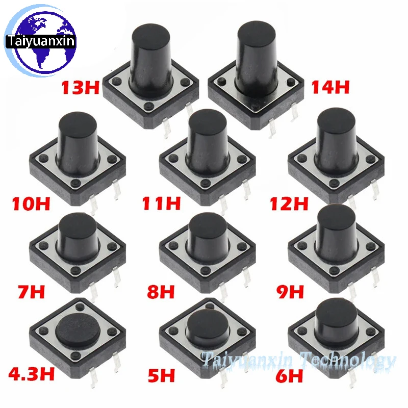 1000PCS 12x12mm Push Button Switch DIP 12*12mm Tact Touch Switch 6x6x4.3/5/6/7/8/9/10/11/12/13/15MM Power Switch 4 Pin PCB
