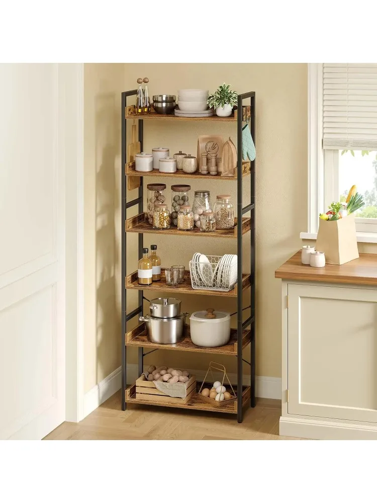 خزانة كتب ذات 6 أرفف على الطراز الصناعي مع 4 خطافات، وحدة تخزين خشبية عتيقة، رفوف ريفية مفتوحة للكتب والديكور #2