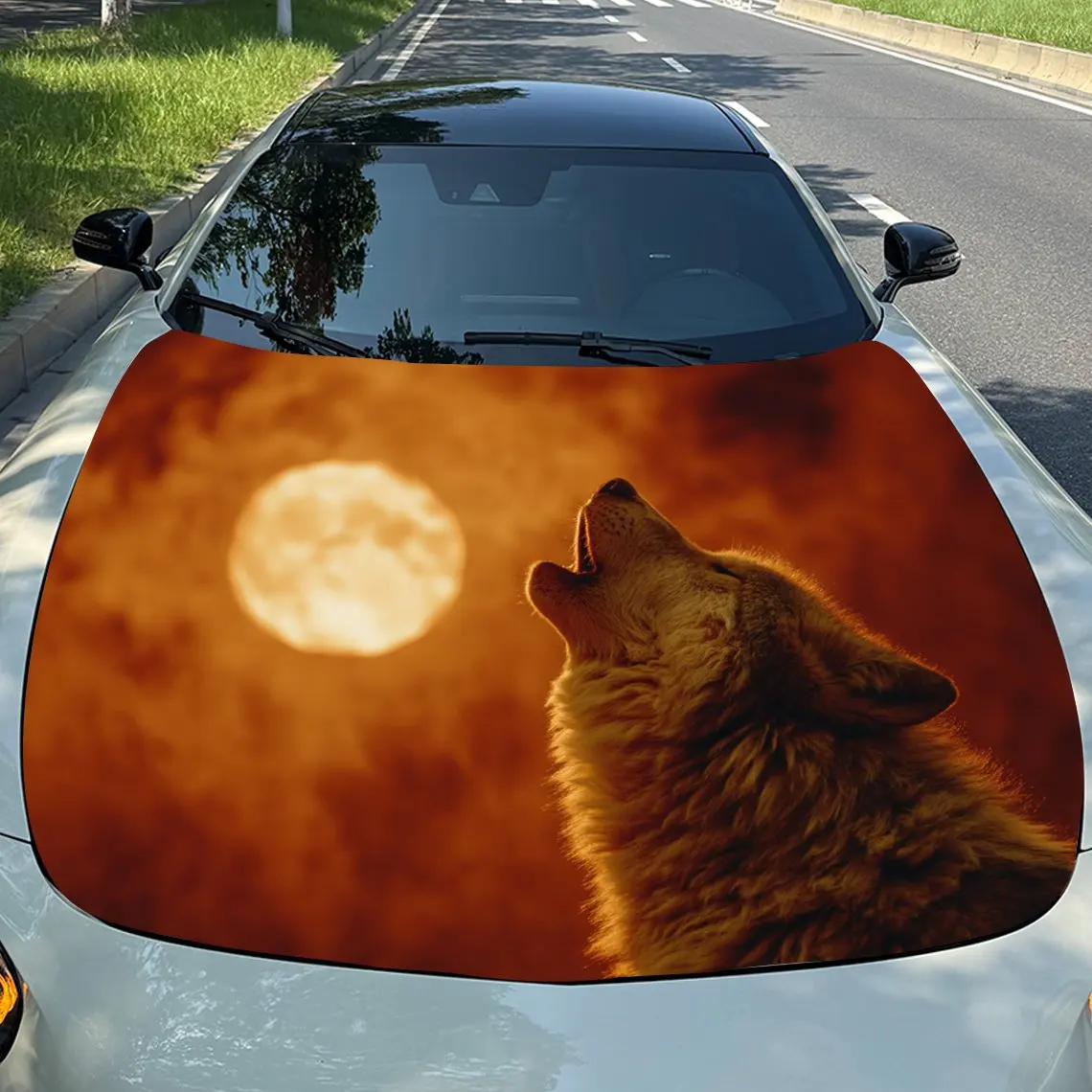 Car Decals Realistic Wolf Howling at a Full Moon in a Warm, Orange - Hued Night Sky Car Hood Sticker, Waterproof Self - Adhesive