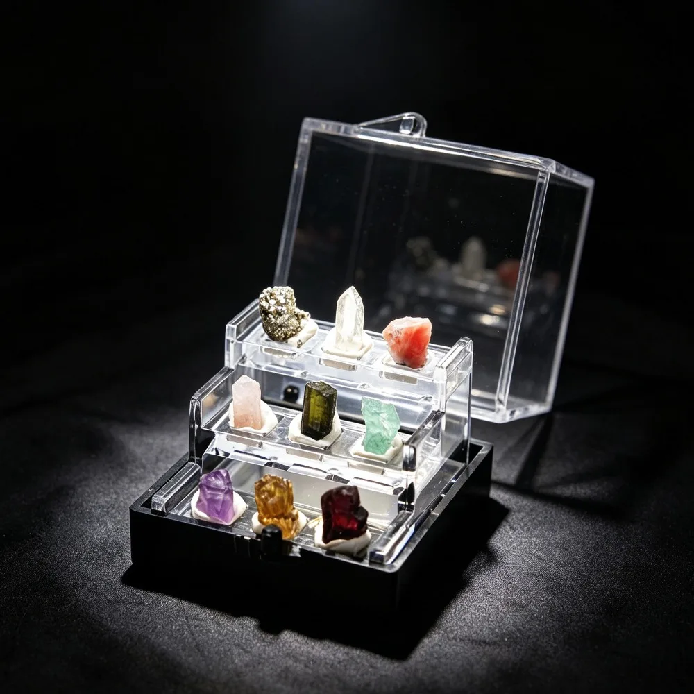 Small 9 Kinds Natural Crystal Raw Mineral Specimen Box Random Healing Stones Collection Display Box Home Decor Collector Gift