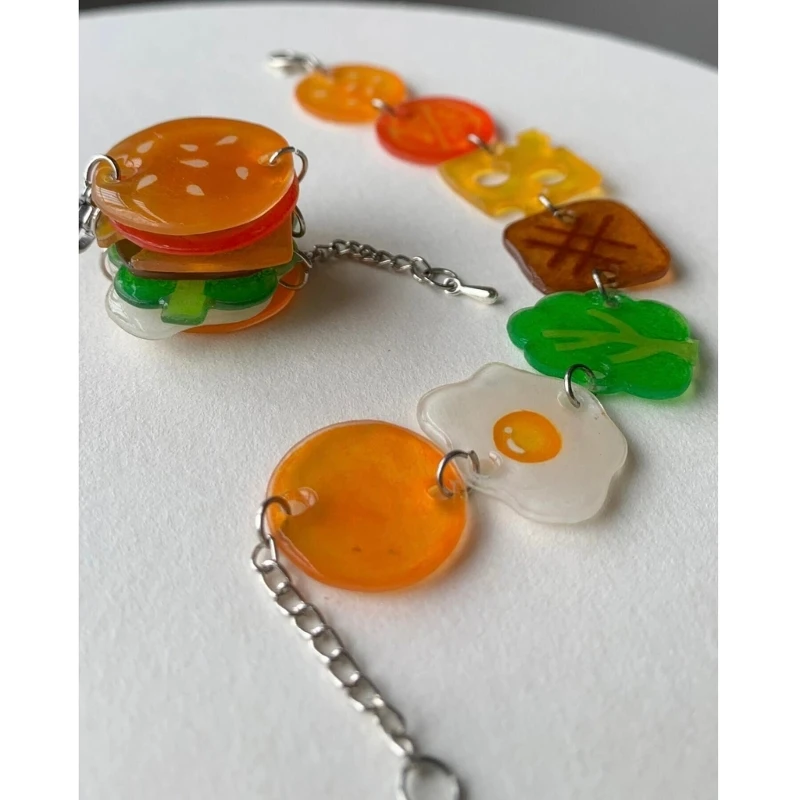 Playful Acrylic Burger Themed Bracelet Eye Catching Acrylic Hamburger Wrist Chain Bracelet for Fashionistas F3MD