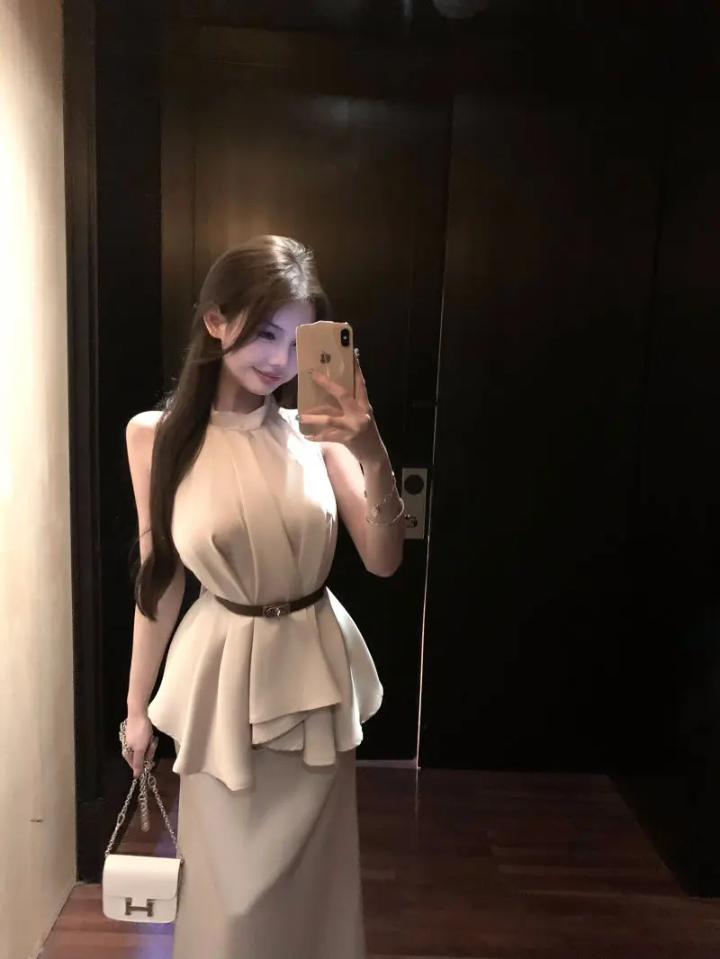 

French Noble Style Women's 2 Piece Set Sleeveless Halter Satin Blouse Elegant High Waist Midi Skirt Luxury Matching Outfit