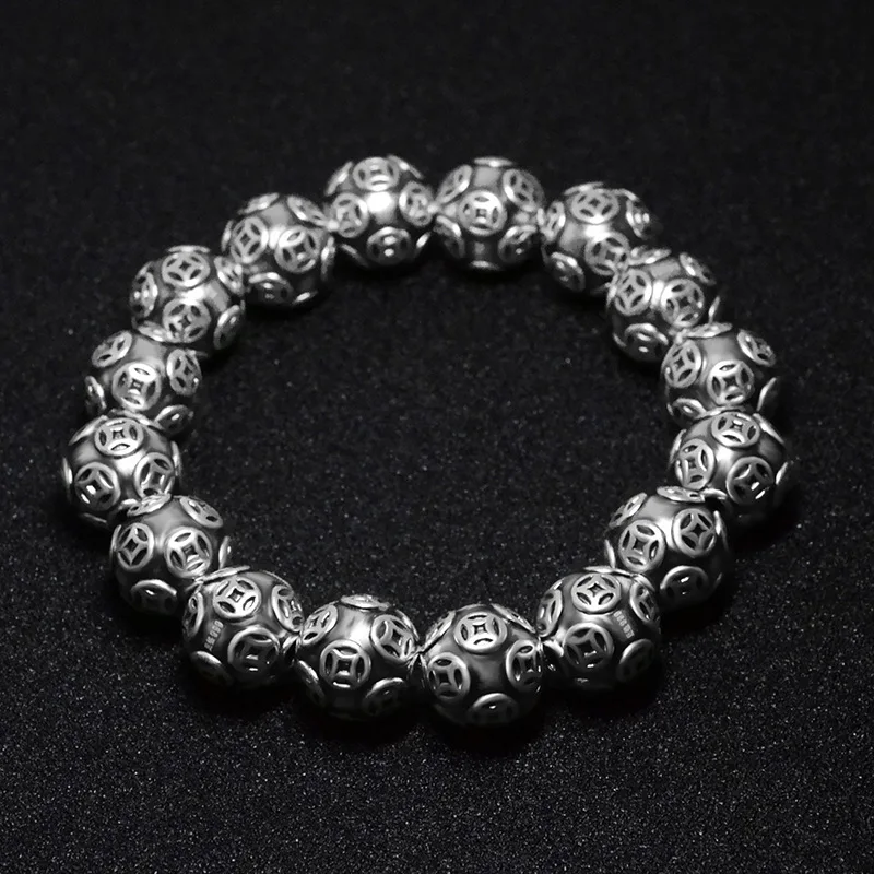 Vintage Pixiu Beaded Bracelet for Men Retro Antique Silver Coin Round Bead Lucky Wealth Chinese Style Stretch Wrist Jewelry Gift