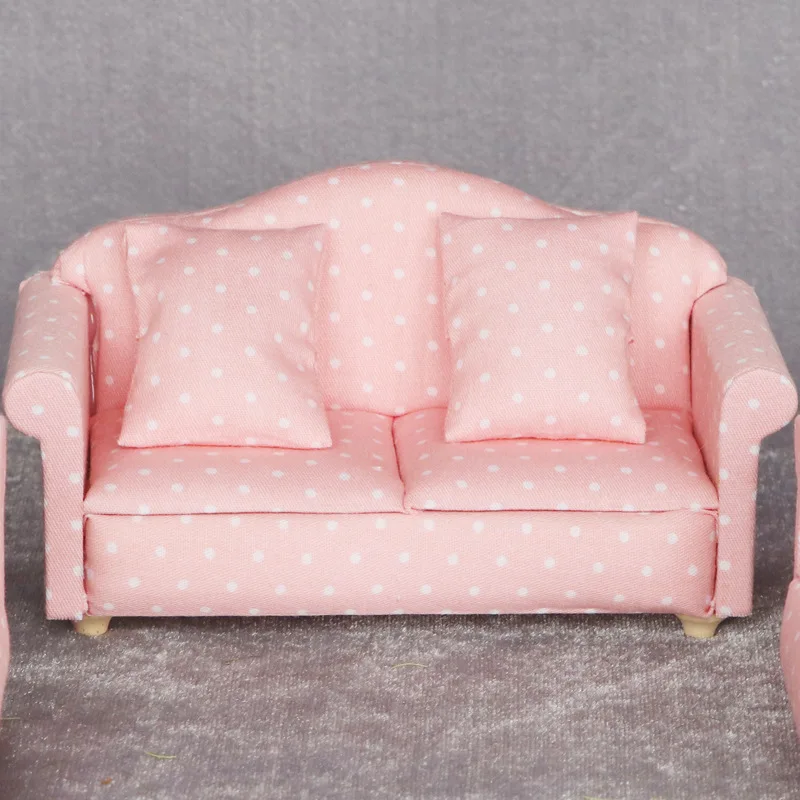 1:12 Dollhouse Miniature Furniture - Living Room Pink Polka Dot Sofa 3-Piece Set with Cushions