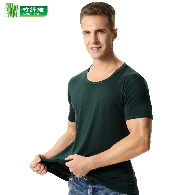 Spring and summer men\'s new thin bamboo fiber T-shirt soft elastic plus size round neck short-sleeved tops tee shirt homme