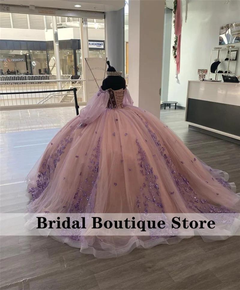 New Purple Princess Quinceanera Dress Ball Gown Beads Crystals Butterfly Appliques Pageant Sweet 15 Party Vestidos Customized