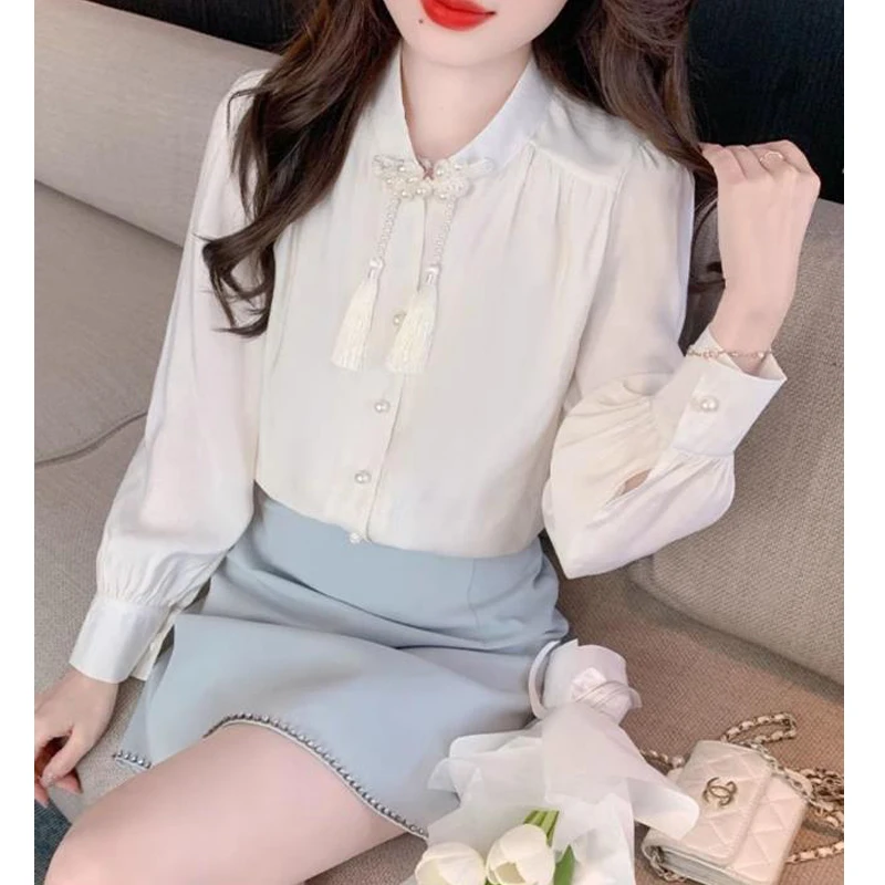 Women Chinese Style Vintage Beaded Tassels Button Up Shirt Elegant Stand Collar White Blouse Casual Long Sleeve Chic Tops Blusas