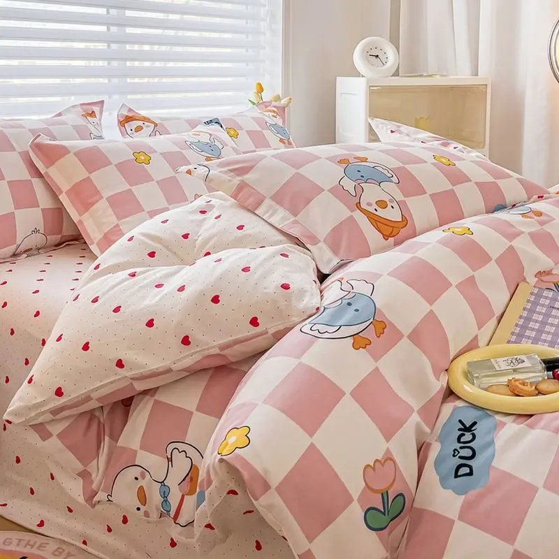 Checkerboard Pink Bedding Set with Cartoon Cute Kids Duvet Cover Flat Sheet Pillowcase Twin Full Size Comforter Cover No Filler
