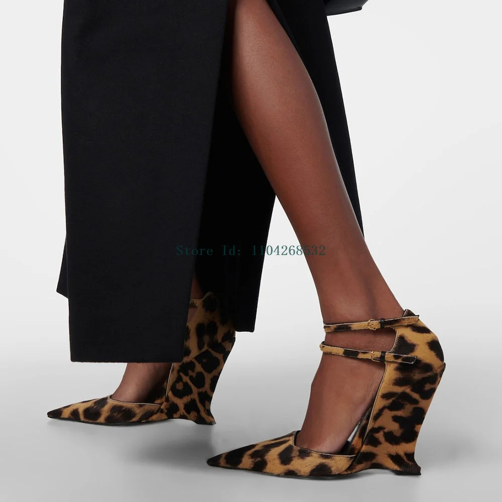 

Pointed Toe Leopard Wedges Pump Buckle Strap 2025 New Arrivals Sexy Fashion Lady High Heels Summer Spring Autumm