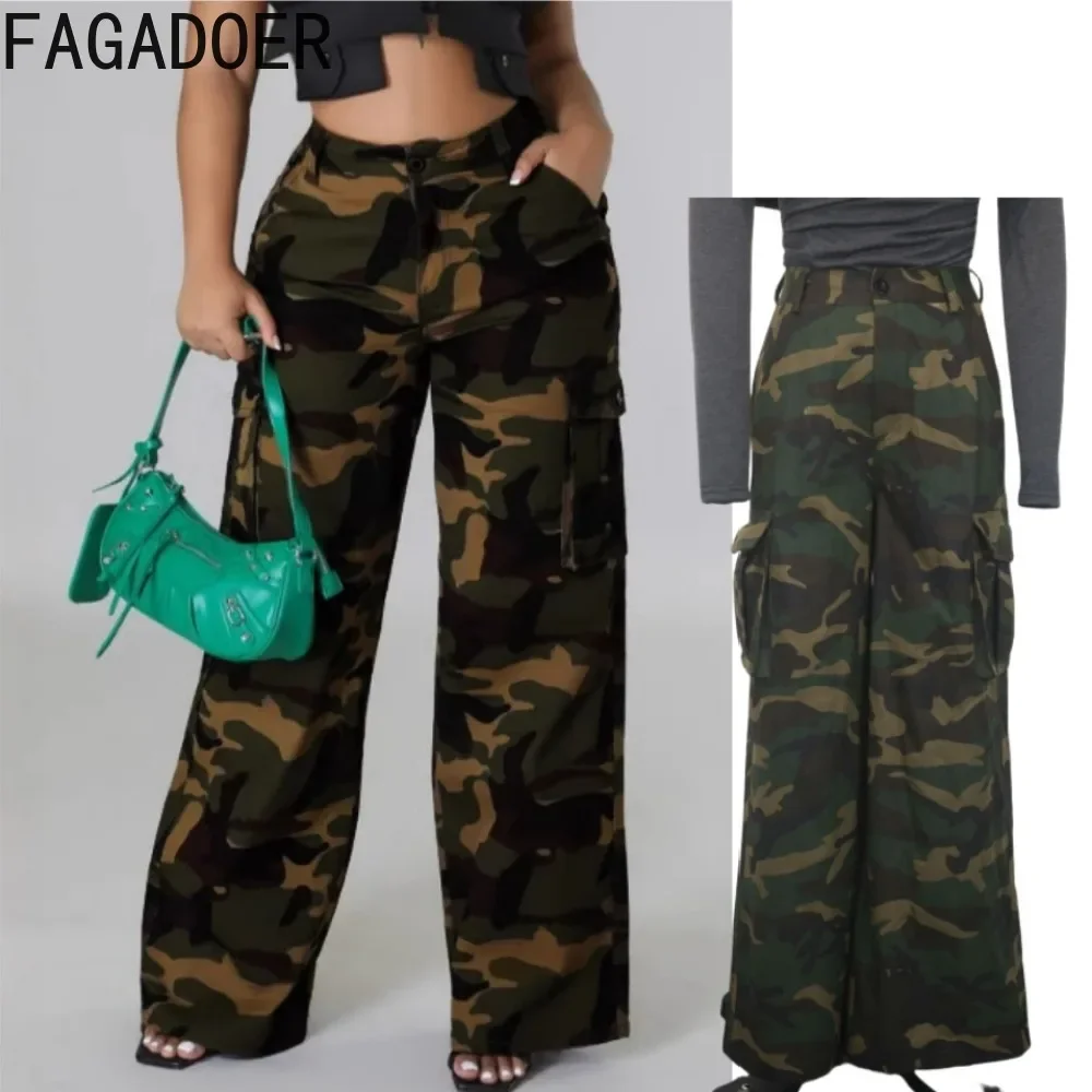 

FAGADOER Fashion Camouflage Wide Leg Pants Women High Waist Printing Pocket Cargo Pants Female Y2K Streetwear Bottoms 2025 New