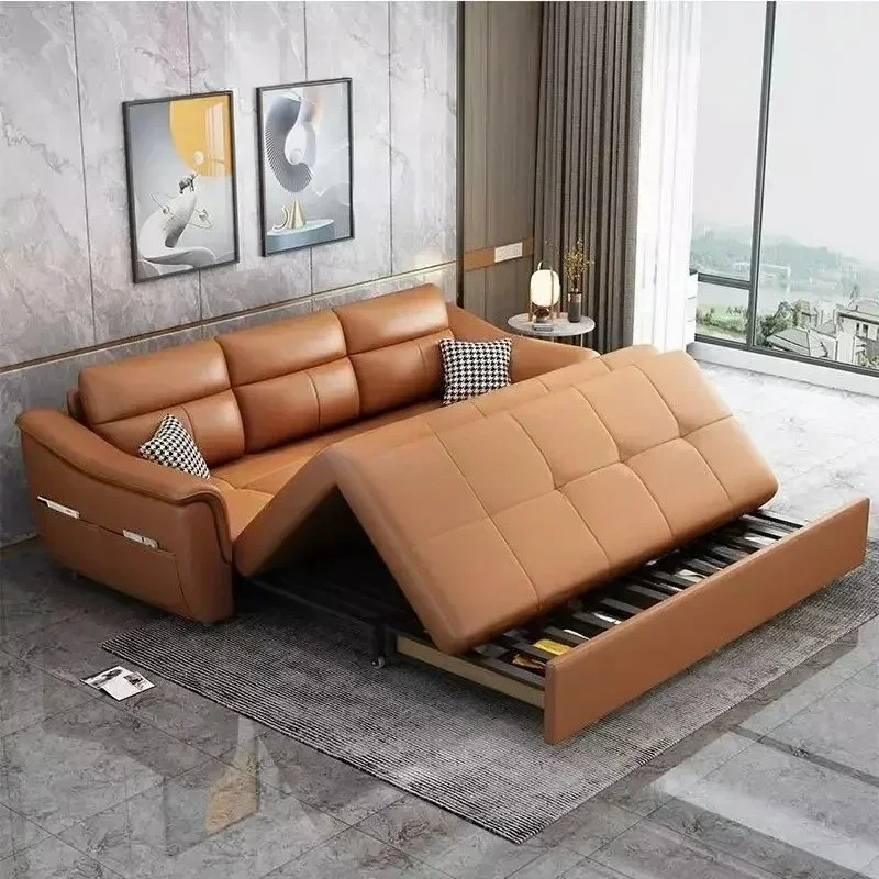 Italian Sofa Living Room Straight Row Multifunctional Leather Bed Dual-Purpose Small Sofa Storage Puff Asiento Modern Furniture