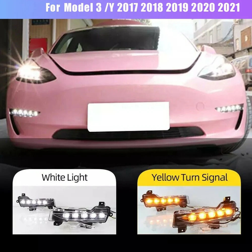 AU28-For Tesla Model 3 / Y 2017 2018 2019 2020 21 2022 Car DRL Daytime Running Lights LED Daylight Fog Light Turn Signal