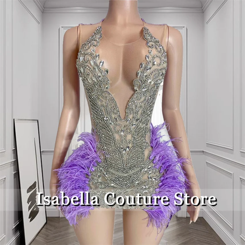 

Sexy Purple Diamonds Short Prom Dresses Bead Crystals Luxury Dresses Women Birthday Dress For Black Girl Feathers Customized