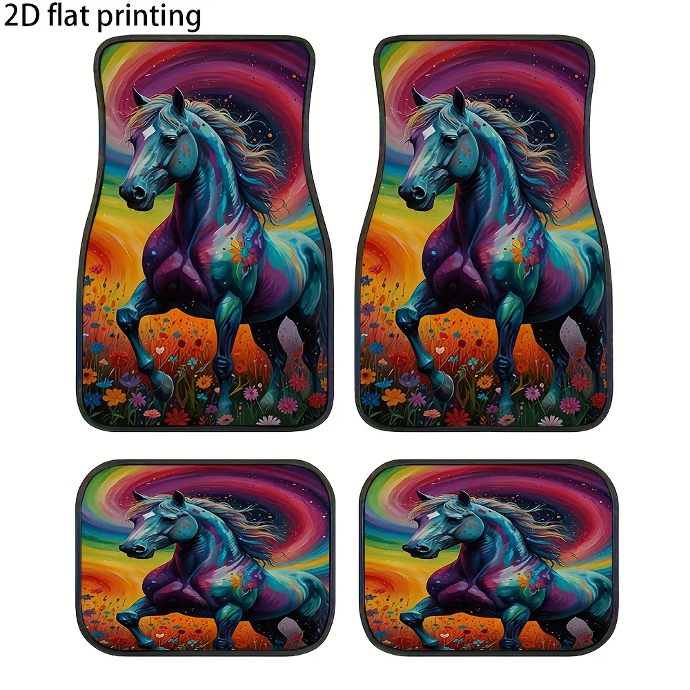 4pcs Car Floor Mats, Colorful Horse Galloping In Flower Sea Pattern, Universal Fit Material Auto Decor Accessories Interior Part
