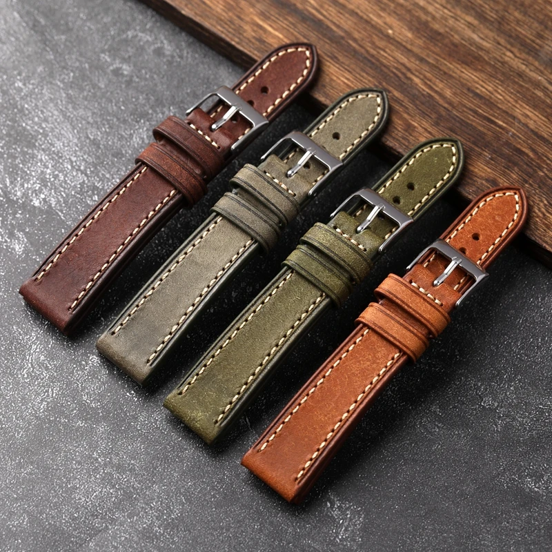 Handmade Strap Italian First Layer Cowhide Leather Watchband 18 19 20 21 22MM Green Gray Brown Men's Old Watch Bracelet