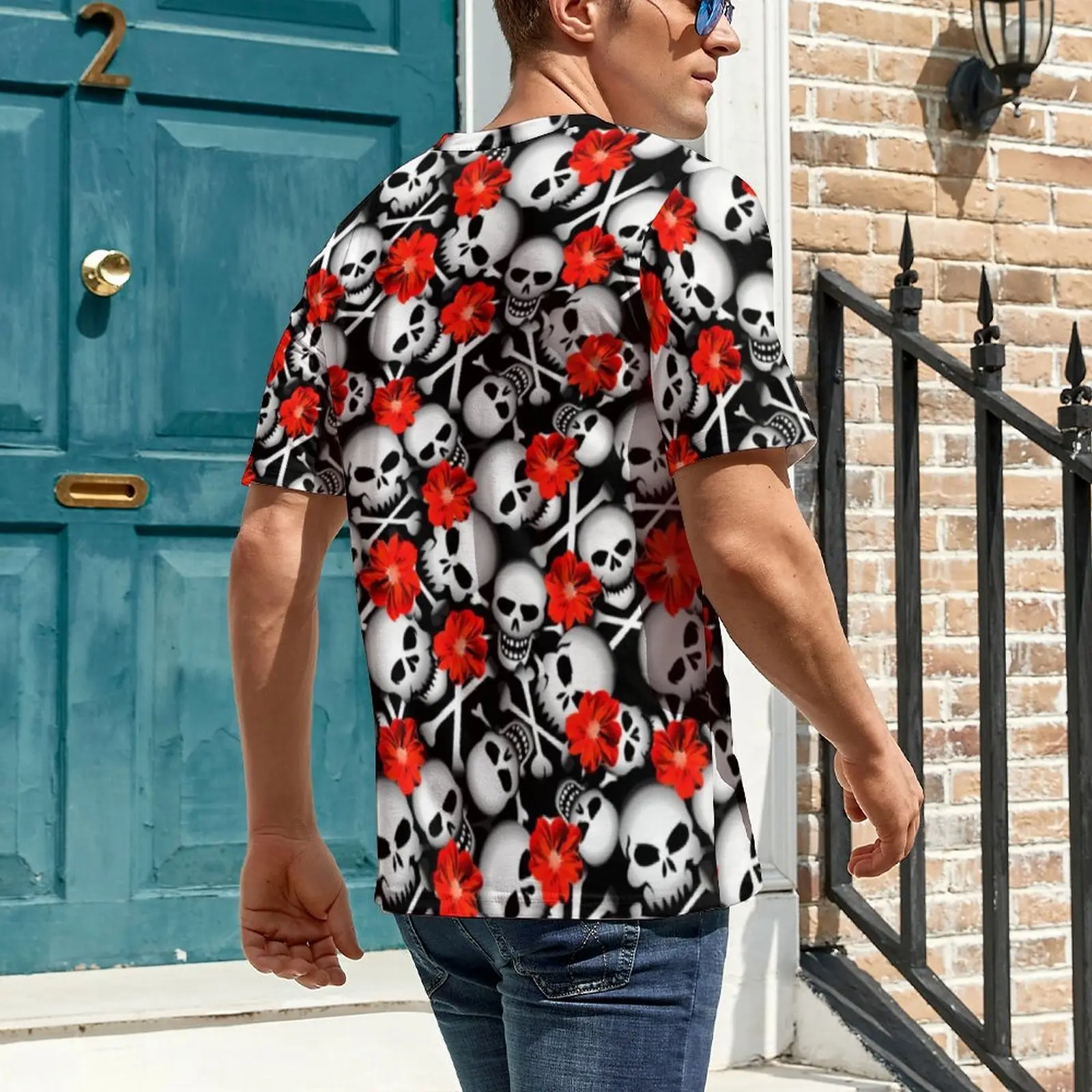 Sugar Skull T Shirt Red Flowers Print Novelty T-Shirts Men Funny Tee Shirt Summer Short Sleeve Design Tees Plus Size 5XL 6XL