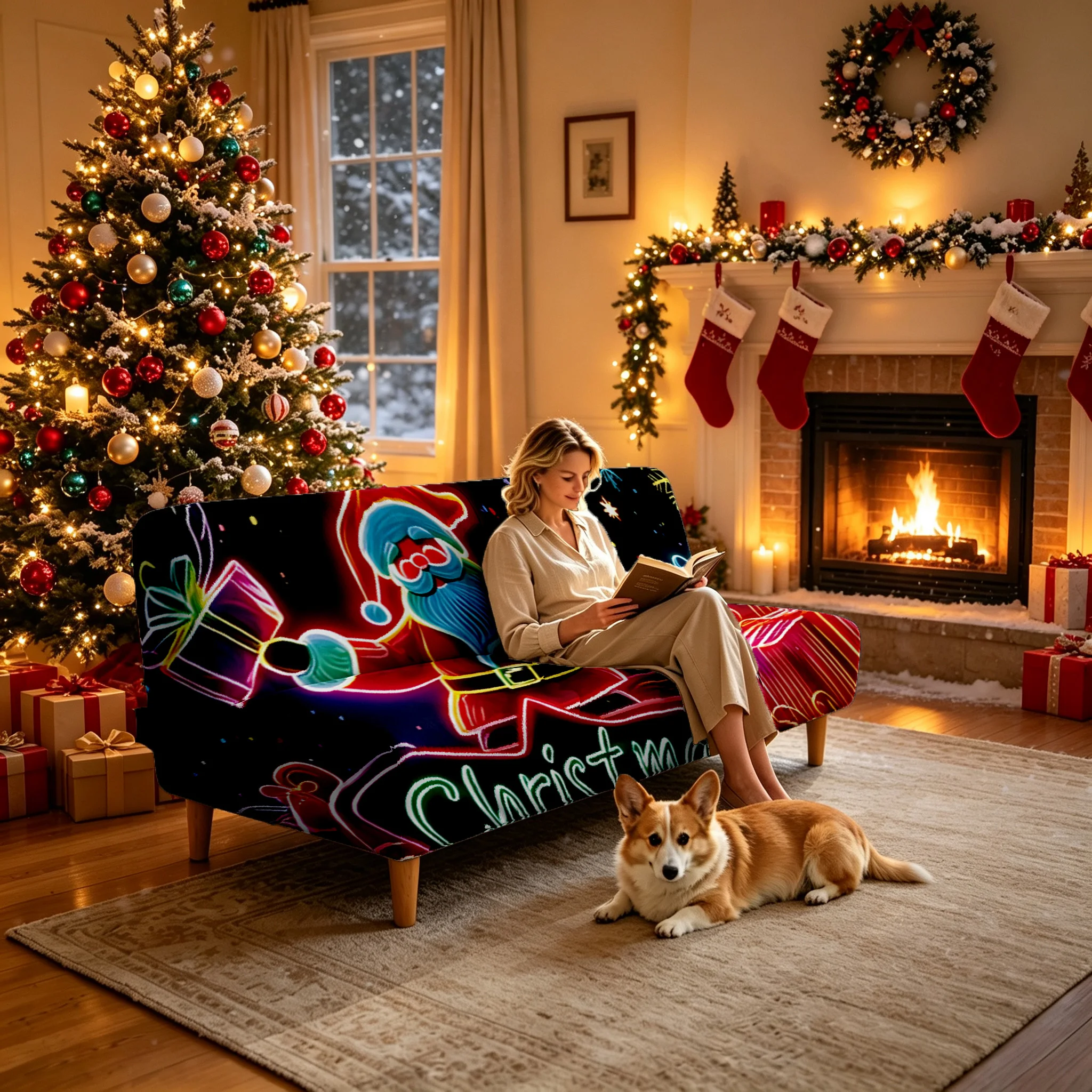 1PC Christmas cool Santa reindeer printed elastic folding sofa bed cover, holiday decoration sofa bed without armrests