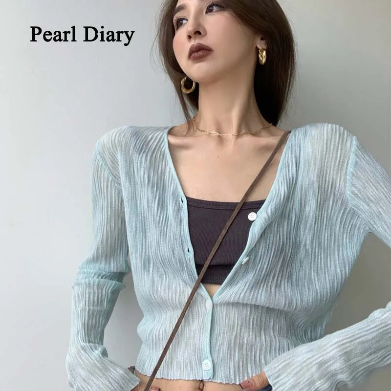 Pearl Diary Summer Thin V-Neck Sunscreen Shirt Knitting Single-Breasted Top Women Beach Outing Long Sleeve Cardigan