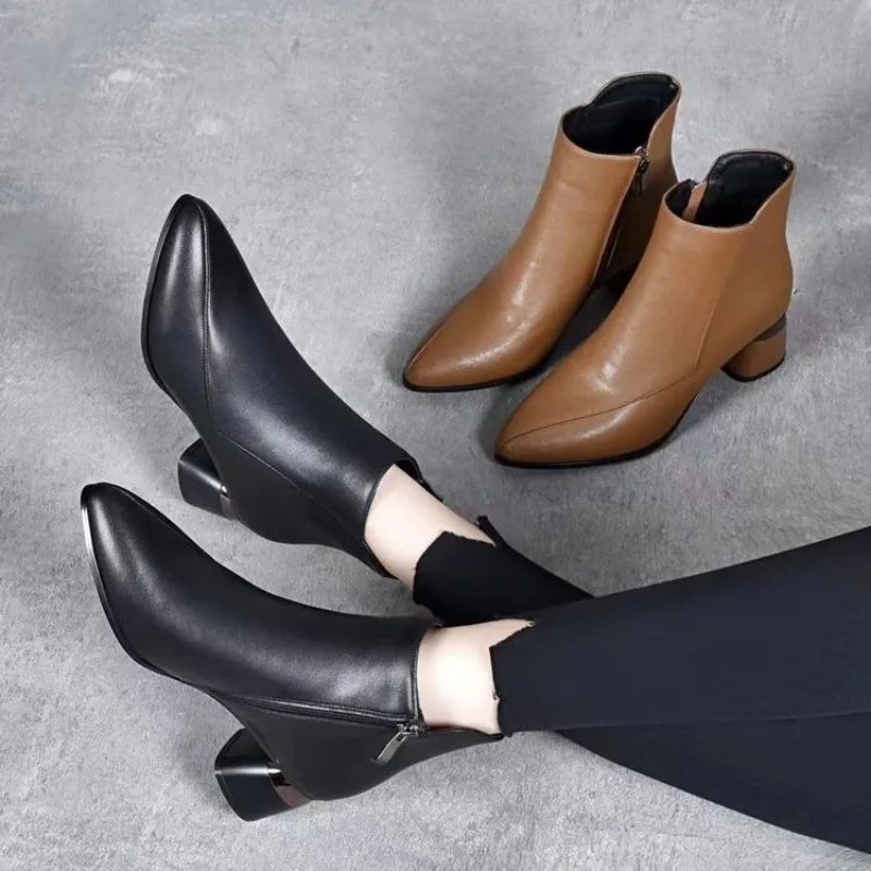 

Women's Boots Fashion Soft Leather Ankle Boots for Women Pointed Toe Women Shoes Middle Heel Casual Autumn Winter Botines Mujer