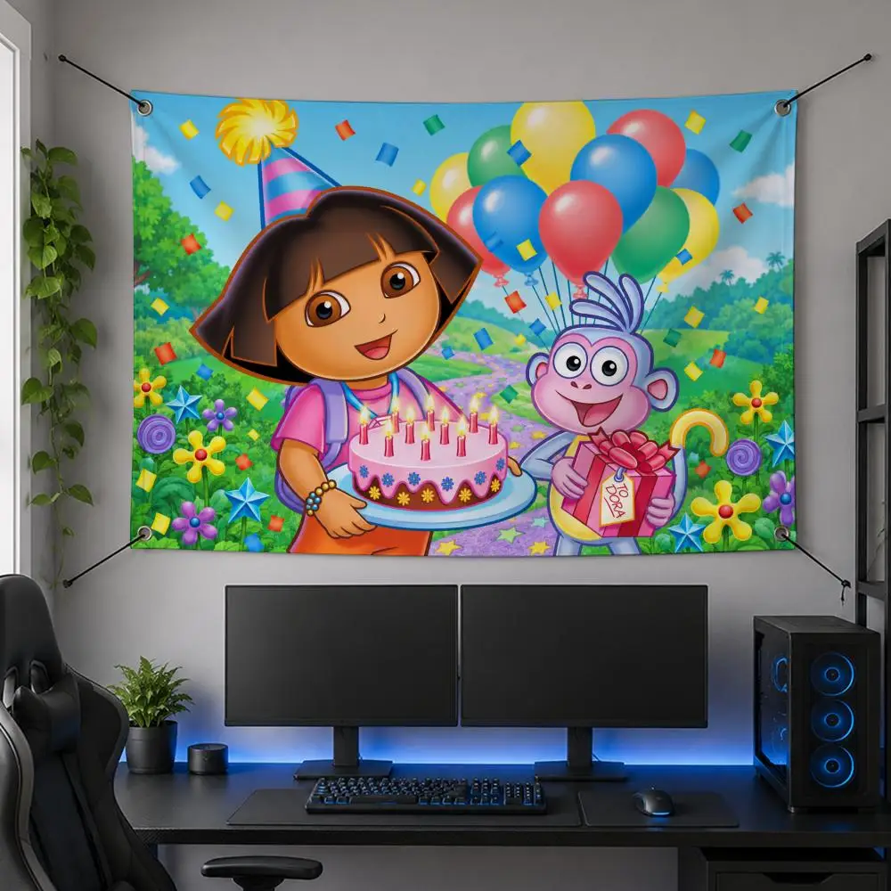 Cartoon-Curious Young Adventurer Dora the Explorer Flags Flag Banner for Bedroom Dorm Party Home Living Room Game Room Gift