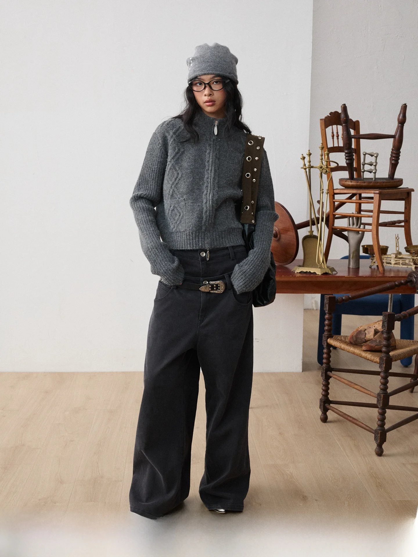 

JIKOO Утепленный вязаный свитер с длинными рукавами для женщин, зимняя свободная верхняя одежда с двойной молнией, из крученой пряжи, однотонный, в уличном стиле