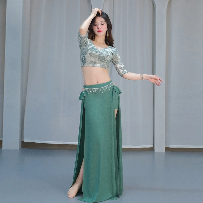 NewBelly 댄스 의상 캐주얼 연습 옷 섹시한 프린트 메쉬 퍼포먼스 의류 롱 스커트 퍼포먼스 의류 슈트