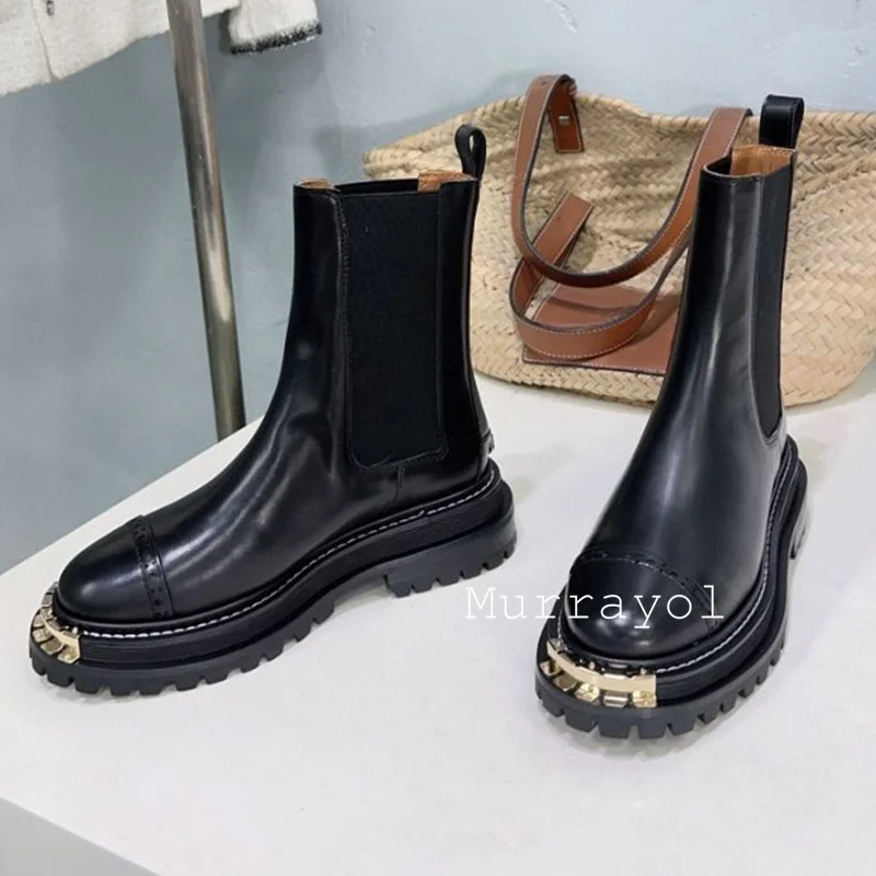 Okrągłe Toe metalowe grube dno krótkie buty damskie prawdziwej skóry gumką łączenie kostki Botas jesienne zimowe Chelsea Boots