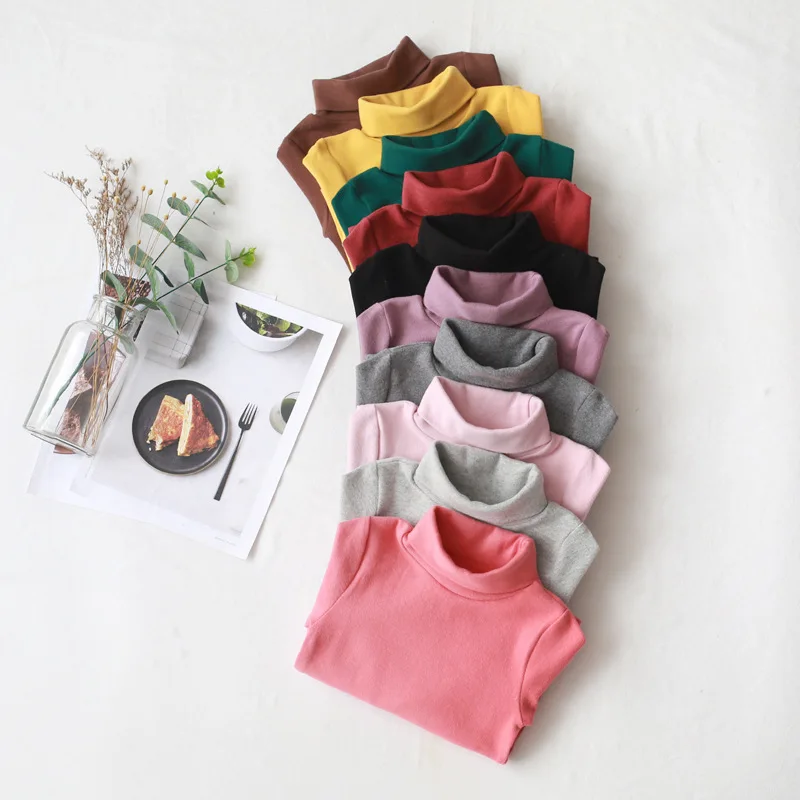 Spring Autumn Girls Boys Long Sleeved T-shirt Solid Children Top Western-style Baby Girl High Collar Cotton Bottoming Shirt 0-4Y