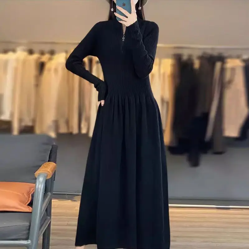 Vestido de emagrecimento com zíper meia forro cintura costurando malha mãe outono inverno feminino estilo francês camada base
