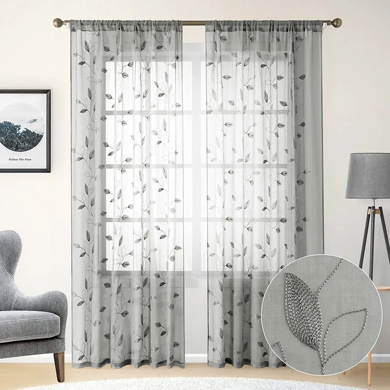 2Pcs Leaf Embroidery Voile Curtain Transparent Sheer Curtain for Bedroom Living Room Rod Pocket Light Filtering Home Decoration