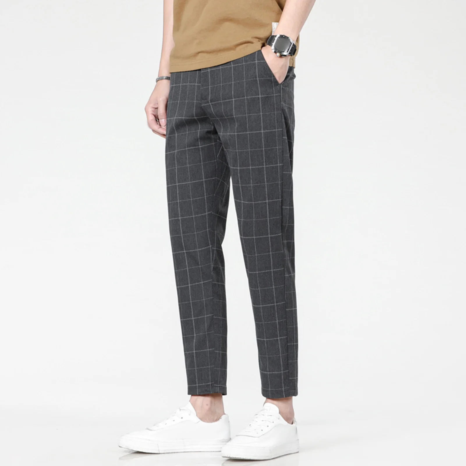 Men Pants Stylish Men's Plaid Print Slim Fit Ninth Pants with Side Pockets Stretchy Business Trousers for or Formal Wear Men