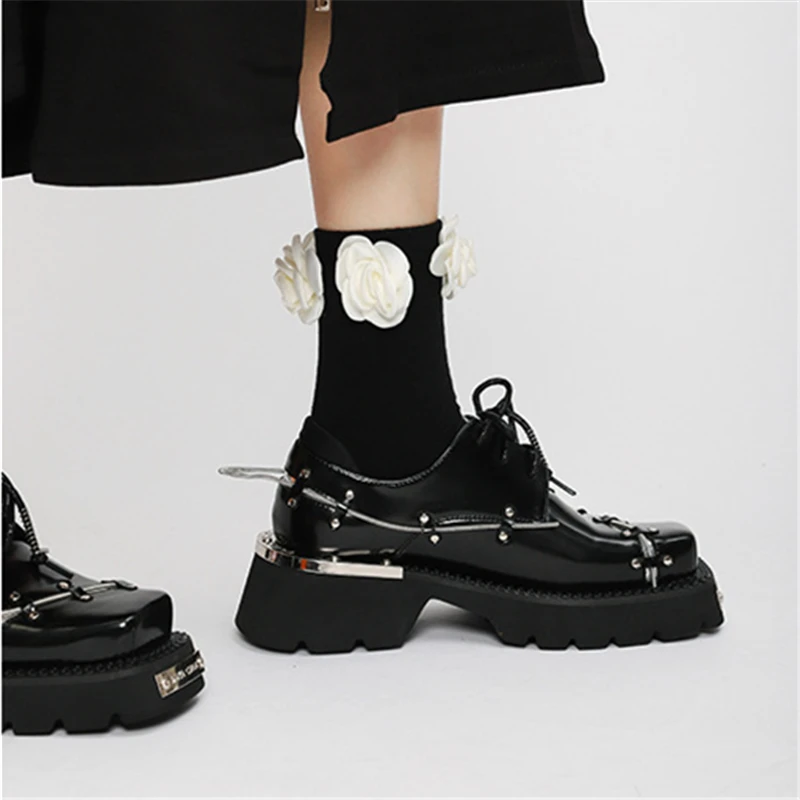 2024 New Retro Metal Decor Women Derby Shoes Thick Sole Dress Leather Shoes Casual Loafers Black Lace-up Platform Flats