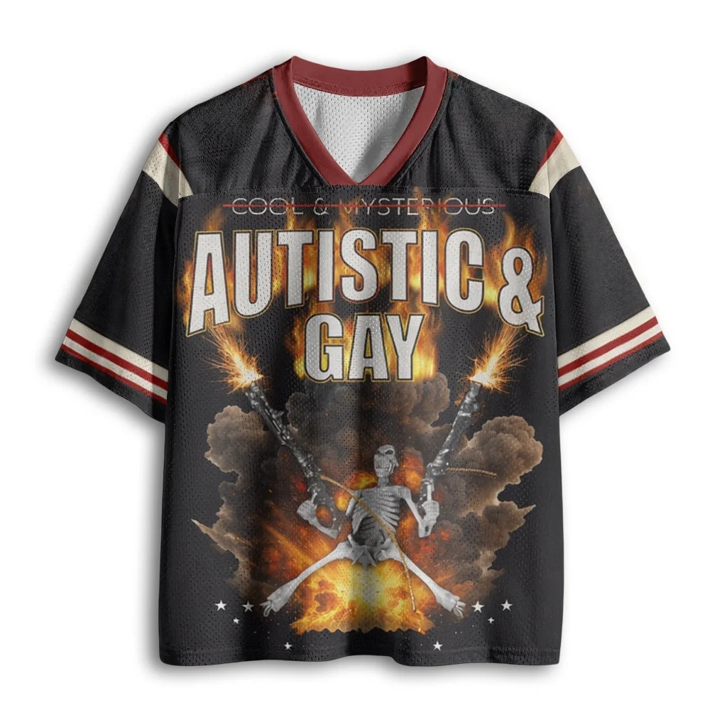 V-Ausschnitt Jersey T-Shirt mit Feuerexplosion-Skelett und Doppelgewehr Retro-Aufdruck, Schwarz-Burgunder-Weiß Gestreifter Ärmel, Lockeres Sport-T-Shirt