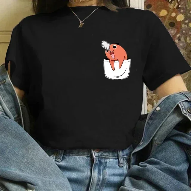 만화 포치타 마키마 여성 셔츠, 일본 애니메이션 톱 여성 티셔츠, 유니섹스 재미있는 만화 패턴 티셔츠, 반팔, 여름