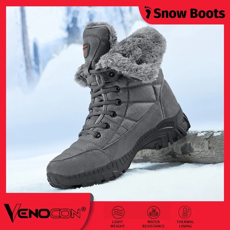 PINGKEE VENOCON Thick Short Plush Warm Winter Snow Boots Waterproof Trekking Casual Sneakers Shoes For Men Women Footwear Man