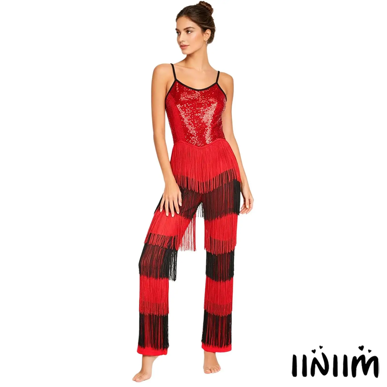 

Женский диско-джазовый костюм: блестящий комбинезон с пайетками, цветными блоками и бахромой, без рукавов, на тонких бретелях, с невидимой молнией на спине, боди